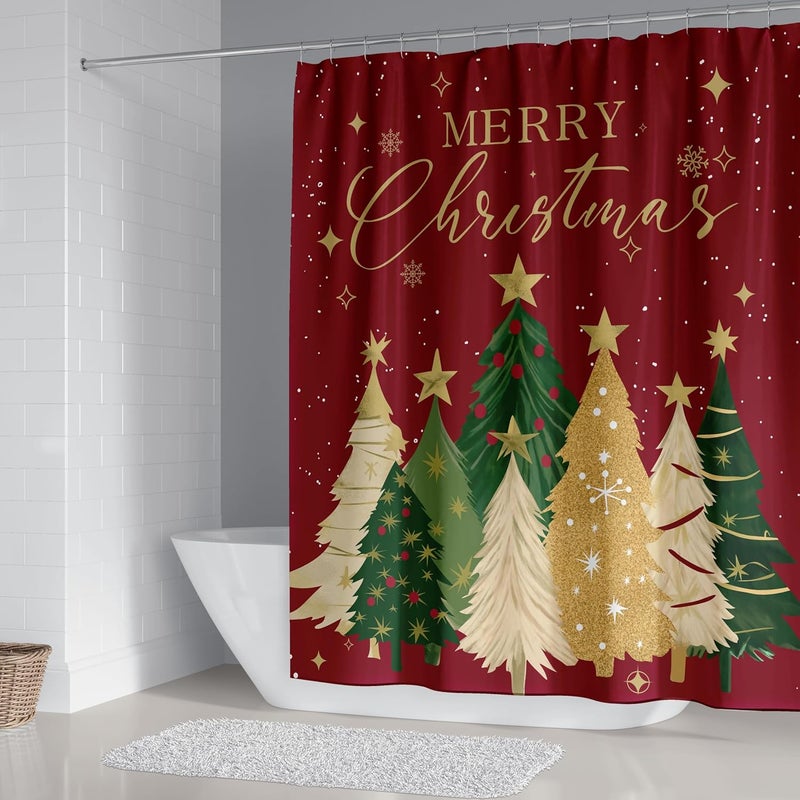 Apear1 4Pcs Merry Christmas Shower Curtain Set Xmas Tree Snowflake Shower Curtain for Christmas Bathroom Decor with Anti-Slip Waterproof Bathtub Bathroom Rugs Toilet Lid Cover (Red) - Image 3